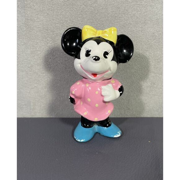Vintage Disney Ceramic Minnie Mouse Figurine Pink Polka Dot Dress Blue Shoes - Picture 1 of 9